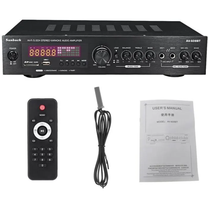 HIFI 2000W 220V Amplificateur de puissance Audio BT Stéréo USB SD FM LED Noir